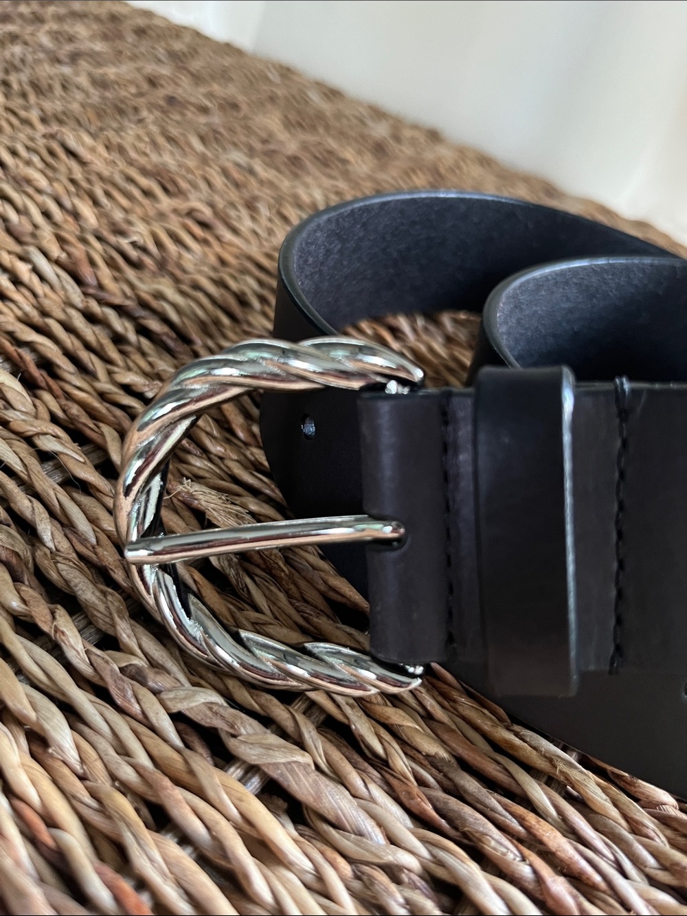 Rebecca Minkoff Black Leather Belt with Twisted Silver-Tone Buckle